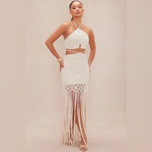 Fashion Nova Luxe Women’s Medium Cream Crochet Fringe Maxi Set‎ Summer Vacation